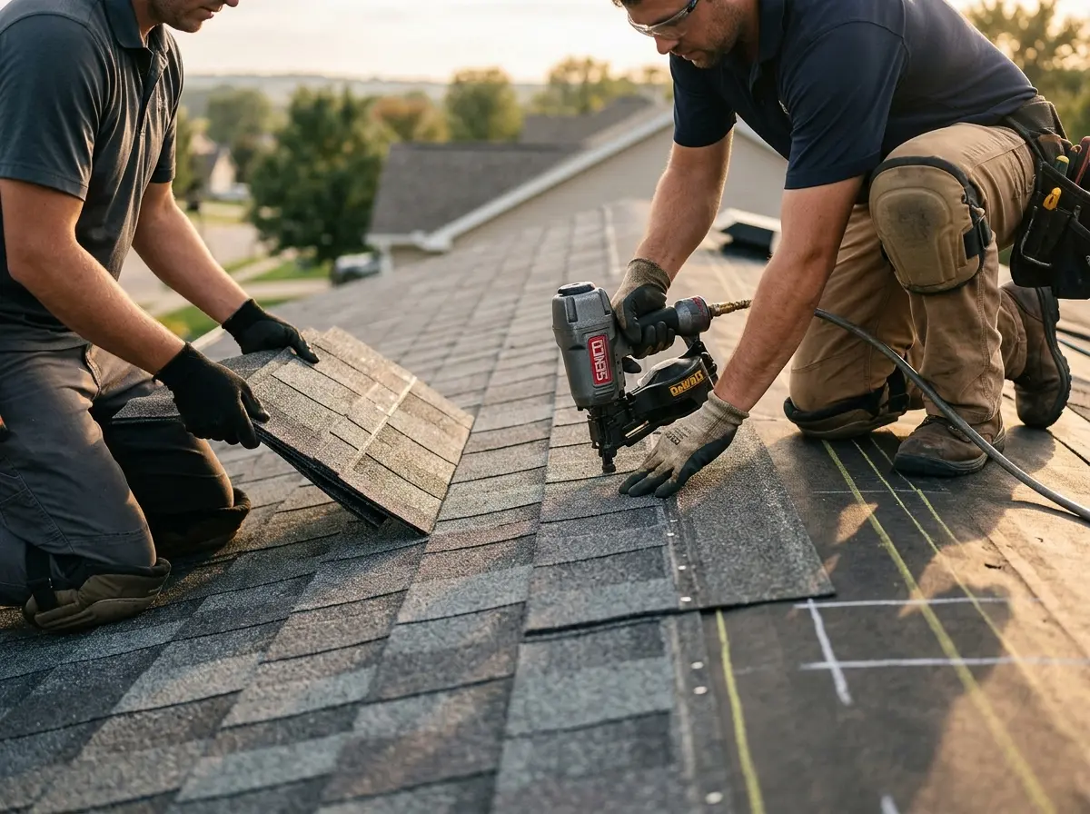 Professional roofer working on a residential roof in Mendon
